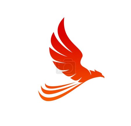 Phoenix bird, abstract eagle or falcon with fire flames. Vector fenix or phoenix flying with raised wings and burning feathers. Fantasy firebird symbol of rebirth and freedom, heraldic emblem or badge