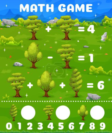 Illustration for Cartoon forest trees, summer landscape, math game worksheet. Vector mathematics riddle for children education, preschool homework page. Task for learning arithmetic equations and calculation puzzle - Royalty Free Image