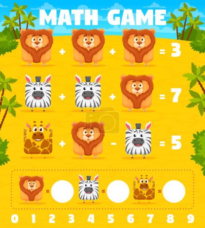Illustration for Lion, zebra and giraffe square animal faces. Math game worksheet. Vector mathematics riddle for children education and learning arithmetic equations. Development of calculation skills, puzzle task - Royalty Free Image