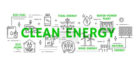 Clean energy concept with vector line eco green environment, ecology, sustainable and recycle technology icons. Outline renewable energy, leaf, eco building, bio fuel, sun panel and wind turbine