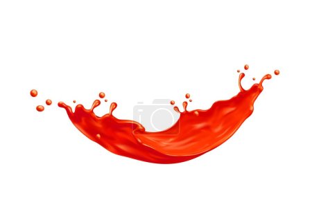Ilustración de Salpicadura de flujo de onda de ketchup de tomate. Salsa de ketchup, jugo de tomate fresco o jugosa bebida cayendo ondas vectoriales aisladas. Rojo chorro de pintura goteo o salpicadura realista fizz con gotitas - Imagen libre de derechos