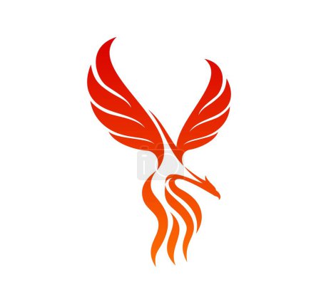 Phoenix, flaming bird icon. Fantasy red eagle, phoenix with fiery wings and tail, magic animal vector sign. Idea and spirit concept symbol, flying bird tattoo or company graphic emblem or label