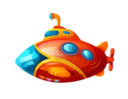 Ilustración de Dibujos animados submarino, bathyscaphe barco con periscopio, vector submarino buque. Divertido submarino rojo con ojos de buey y hélice, juego de aventura submarina para niños o juguete - Imagen libre de derechos