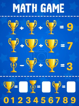 Illustration for Math game worksheet, cartoon golden cups and sport trophy, vector puzzle. Mathematics education activity for school kids, preschool children count task for numbers calculation skills in math game quiz - Royalty Free Image