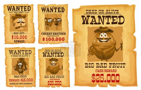 Illustration for Western wanted placard with wild west cowboy or bandit, vector cartoon fruits. Wanted dead or alive sign with funny criminal bandits, dollar reward for watermelon, melon, cherry in western cowboy hat - Royalty Free Image