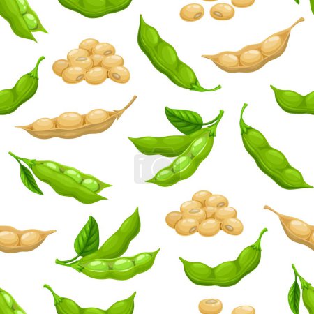 Illustration for Raw soy and soybeans pods seamless pattern. Fabric print, wallpaper vector seamless background or textile backdrop. Wrapping paper pattern with soy beam green and dried pods - Royalty Free Image