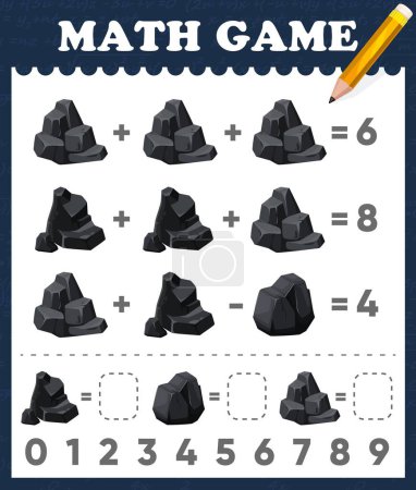 Illustration for Cartoon coal and black charcoal in math game worksheet, vector mathematics quiz. Black coal stones and pieces of charcoal from mining in kids math game for numbers addition and subtraction counting - Royalty Free Image