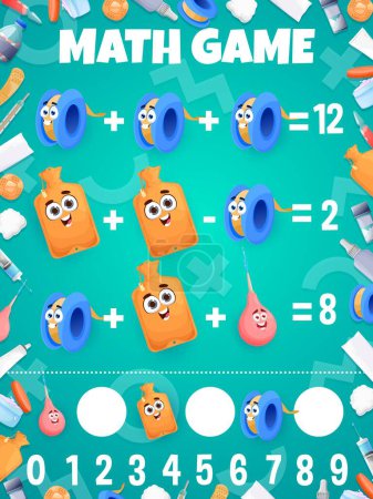 Illustration for Math game worksheet cartoon adhesive patch, enema and heating pad. Vector mathematics riddle for children education with medical tools characters. Fun arithmetic and calculation learning brainteaser - Royalty Free Image