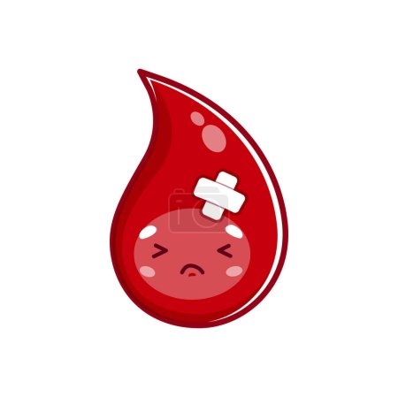 Illustration for Cartoon sick blood drop personage. Glycemia diagnosis, circulatory system problem, diabetes disease glucose or biochemistry bad test vector concept with medical patch on unhealthy blood drop character - Royalty Free Image