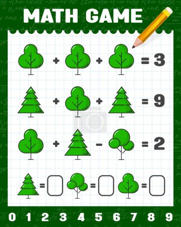 Illustration for Green forest trees math game worksheet. Vector mathematics riddle with funny trees on checkered notebook page with pencil. Children education and learning arithmetic equations, calculation task - Royalty Free Image