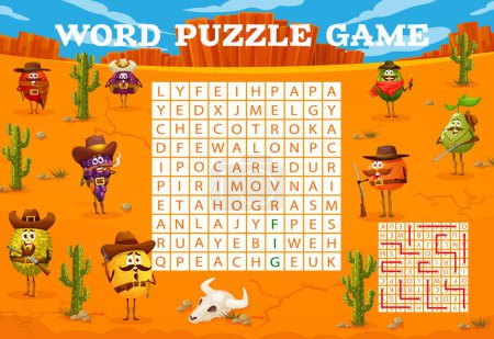 Illustration for Wild West sheriff, cowboy and ranger fruit characters in word search puzzle, vector game. Quiz worksheet with Western orange cowboy, fig sheriff and durian ranger with melon fruit on word search grid - Royalty Free Image