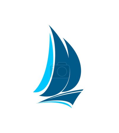 Illustration for Yacht boat icon with sail ship or sailboat vector silhouette. Sailing water sport club, regatta racing or cruising isolated symbol of blue sailing yacht with sails and sea wave, nautical vessel sign - Royalty Free Image