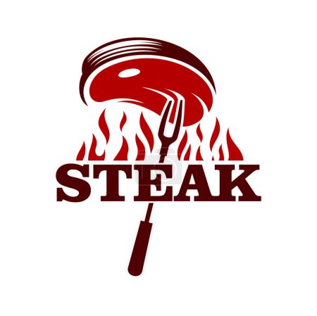 Illustration for Steak grill icon, barbecue meat on fork and fire flames, steakhouse restaurant vector sign. BBQ grill steak symbol for cuisine menu or barbeque party, meat bar and butchery premium quality emblem - Royalty Free Image