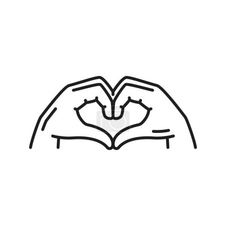 Illustration for Hands forming heart isolated outline icon. Vector help, support and friendship, make a heart with touch of hands. Friendship, love and community - Royalty Free Image