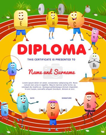 Illustration for Kids diploma, cartoon vitamin characters on sport field, vector education certificate. School or kindergarten classes award and certificate diploma, funny vitamins with gym barbells or play sport - Royalty Free Image