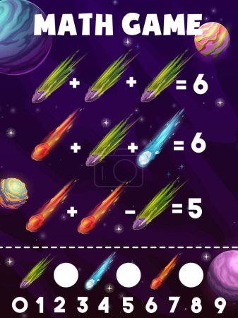Illustration for Math game worksheet, cartoon space comets, asteroids and meteors, vector kids quiz. Galaxy planets and fantasy galactic asteroids, mathematics game worksheet for number count and calculation education - Royalty Free Image
