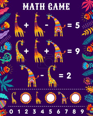 Téléchargez les illustrations : Feuille de calcul du jeu de mathématiques, girafes africaines, fleurs et feuilles, quiz de mathématiques vectorielles. Drôle de bande dessinée girafes africaines et des plantes de savane sur le puzzle de jeu de mathématiques pour l'ajout et la soustraction compétence de calcul - en licence libre de droit