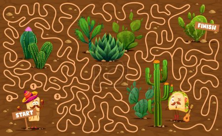 Illustration for Labyrinth maze, mexican prickly cactus succulents kids game. Vector worksheet of pathfinding puzzle quiz, help taco character find right way in desert with saguaro, agave cacti and succulent plants - Royalty Free Image