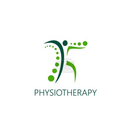Illustration for Physiotherapy icon, vector physical and chiropractic therapy, massage treatment, rehabilitation and recovery exercises. Green human silhouette emblem of physiotherapist, chiropractor, physio therapist - Royalty Free Image