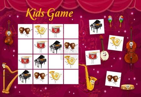 Illustration for Sudoku kids game cartoon musical instrument characters. Jazz orchestra personages puzzle quiz vector worksheet, square block game with funny drum, piano, violin and saxophone, cute maracas and cello - Royalty Free Image