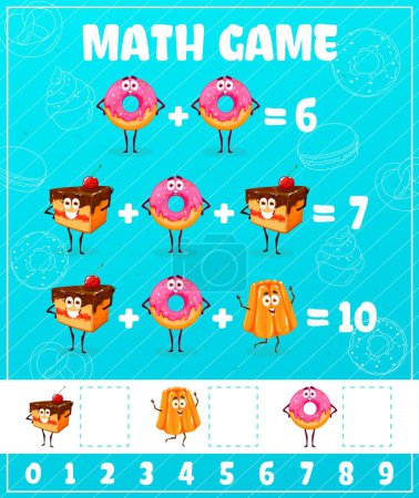 Illustration for Cartoon desserts, donuts and cakes in math game worksheet, vector kids quiz. Chocolate cake character, pudding and pastry donut in mathematics education puzzle game for number count and calculation - Royalty Free Image