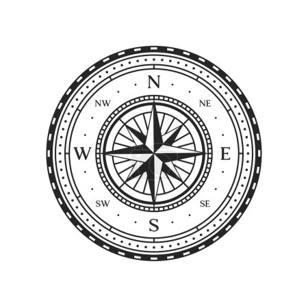 Illustration for Compass wind rose, vintage map and nautical marine navigation vector symbol. Old compass of ocean and sea orientation with north and south direction arrows on wind rose star in maritime cartography - Royalty Free Image