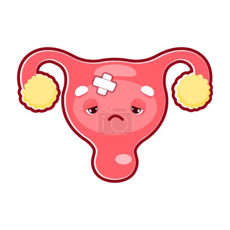 Ilustración de Personaje de órgano uterino enfermo de dibujos animados con parche médico, salud y anatomía de la mujer, vector aislado. Menstruación o enfermedad del aparato reproductor femenino y enfermedad ovárica por infección o inflamación - Imagen libre de derechos