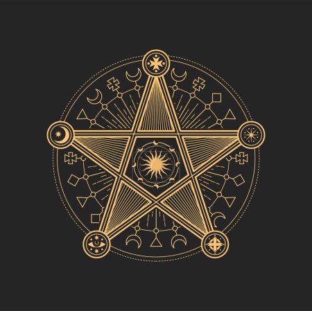 Pentagrama esotérico y oculto, símbolo de albañil o tarot. Signo de estrella sagrada vectorial con luna creciente, sol o estrellas, ojo y cruz. Amuleto astrológico, tarjeta aislada del tarot talismán mágico espiritual, emblema