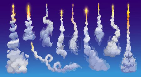 Ilustración de Los rastros de humo de cohetes de dibujos animados, nave espacial lanzan cola de fuego con nubes, efectos de vuelo espacial vectorial. Lanzamiento de cohetes espaciales pistas de fuego y humo del transbordador de galaxias o del motor de la nave espacial y de la explosión de misiles - Imagen libre de derechos