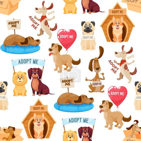 Illustration for Adopt a dog seamless pattern. Poor puppy help, lost dog shelter or homeless doggy protection wallpaper vector backdrop. Street animal adoption textile pattern or fabric print with cute dog characters - Royalty Free Image