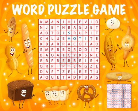 Illustration for Word search puzzle game. Cartoon bakery, pastry and bread characters. Child vocabulary quiz, crossword grid vector worksheet with shoti puri, injera and marraqueta, pretzel, mantou bun cute personages - Royalty Free Image