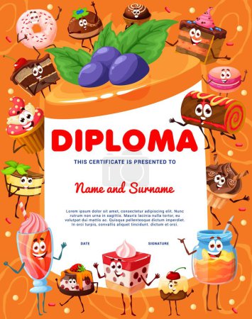 Illustration for Kids diploma cartoon pie, cake, cupcake, sweets and dessert characters. Vector childish certificate for school or kindergarten with funny confectionery, pastry, muffin, macaroon, cupcake personages - Royalty Free Image