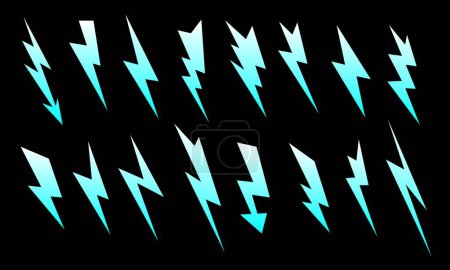 Ilustración de Bengala de luz azul y efecto flash. Rayo, descarga de energía eléctrica o impacto de alto voltaje, tormenta eléctrica, pronóstico del tiempo tormentoso y lluvioso, mágico conjunto de símbolos vectoriales de explosión de energía - Imagen libre de derechos