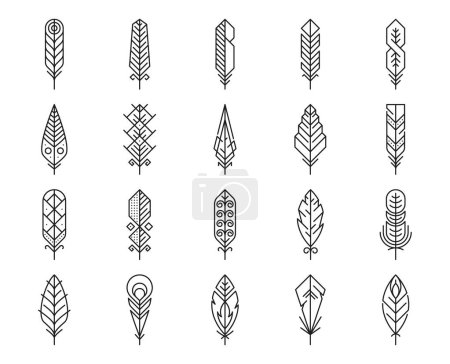 Feather line icons, plume light feathers or lightweight smooth quills, vector symbols. Bird feather outline icons in thin line art, bird quill with geometric ornament pattern or ethnic Boho decoration