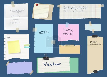 Illustration for Business paper notes, stickers, sticky sheets and tapes, vector post memo on board. Business memo notes and notepad notice for office meeting, page sheet on adhesive tape or message on thumbtack pin - Royalty Free Image