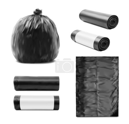 Black plastic garbage bags, trash bin rolls or wastes sacks, vector realistic mockup. Rubbish garbage bags or polyethylene trashbags in rolls, empty and full or tied recycling package for dustbin