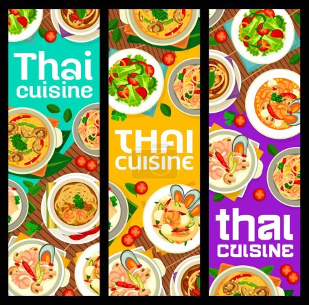 Thailändische Küche Restaurant Mahlzeiten Banner, thailändische und asiatische Gerichte, Vektorkarte. Thailändische Küche Tom Yum Kokossuppe, Nudeln mit Garnelen und Meeresfrüchten Shrimps und Gemüsesalate für Kochrezept