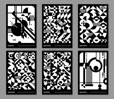 Illustration for Monochrome geometric Bauhaus posters with abstract patterns, vector modern mosaic backgrounds. Scandinavian or Swiss Bauhaus monochrome geometric shape and abstract pattern for posters or covers - Royalty Free Image
