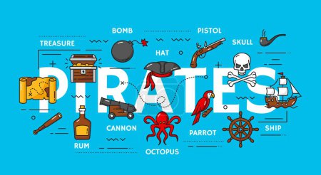 Illustration for Piracy. Pirate and corsair item icons. Buccaneer or corsairs outline vector symbols of map, gold treasure chest, rum, spyglass, bomb and cannon, octopus, tricorn hat, parrot and pistol, ship, skull - Royalty Free Image