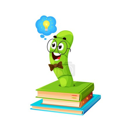 Illustration for Cartoon bookworm character, book worm animal. Isolated vector cute green earthworm personage with light bulb in though cloud sticking up from pile of book and having great idea or insight - Royalty Free Image