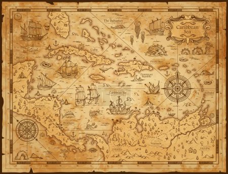 Old vintage map of caribbean sea. Vector worn parchment with ships, islands and land, wind rose and cardinal points. Fantasy world, vintage grunge paper, pirate map with travel locations and monsters
