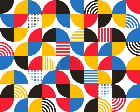 Ilustración de Bauhaus moderno patrón geométrico o fondo. Fondo retro del azulejo, cubierta de diseño o textura de vector vintage, patrón mínimo de tela. Fondo textil con formas coloridas de Bauhaus - Imagen libre de derechos