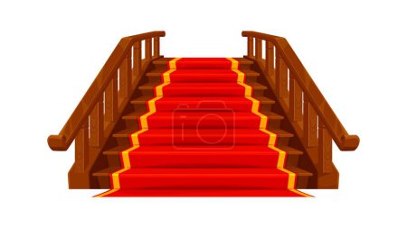 Illustration for Castle and palace staircase. Wooden stair with red carpet. Isolated vector wood ladder with railing, adorned with a luxurious rug, leads up to the grand hall of medieval entrance or royal hallway - Royalty Free Image