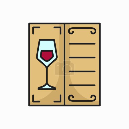 Illustration for Bar card outline icon. Wine tasting brochure. Vector invitation on tasting wine booklet leaflet with glass. Winery card, restaurant alcohol menu - Royalty Free Image
