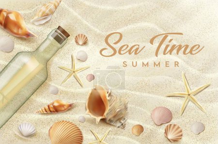 Illustration for Realistic bottle, seashell and starfish. Seaside top view, summer beach sand. Summer vacation beach 3d wallpaper, sea coast vacation leisure realistic vector backdrop or banner with conch shells - Royalty Free Image