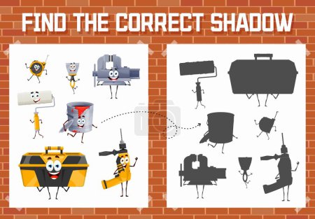 Illustration for Find the correct shadow of cartoon repair, diy and work tool characters. Kid vector board game worksheet with measuring tape, drill, toolbox, paint bucket and roll with trowel or vice personage shades - Royalty Free Image