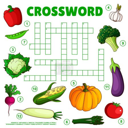 Illustration for Raw farm vegetables on crossword grid worksheet. Find a word quiz game, preschool child vocabulary test or children puzzle vector book page template. Kindergarten kids educational playing activity - Royalty Free Image