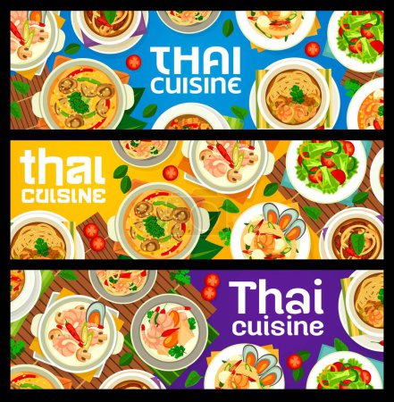 Thailändische Küche Restaurant Mahlzeiten Banner, Vektor asiatische Küche und Thailand-Gerichte. Traditionelle thailändische Küche Suppe, Nudeln und Salate Menü mit Currysoße, Meeresfrüchte Garnelen und Garnelen oder Kokosnuss Tom Yum
