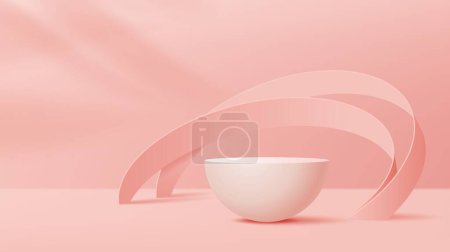 Illustration for Pink podium and arches on product display background, vector platform pedestal mockup. Premium cosmetics product display podium with 3D pink arches and light on wall, showcase studio backdrop - Royalty Free Image