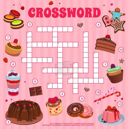 Illustration for Cartoon cakes, sweets and desserts crossword grid, find a word quiz game. Vector worksheet with cupcake, macaron, biscuit, cheesecake and chocolate. Muffin, yogurt, donut or lollipop, pudding and pie - Royalty Free Image